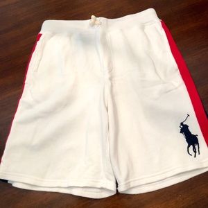 Youth large Polo shorts, white w/red navy stripe